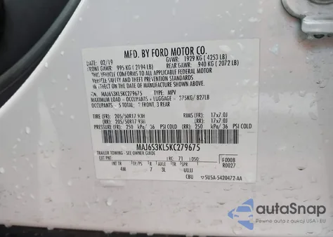 2019 Ford Ecosport Titanium z USA, uszkodzony, nr VIN MAJ6S3KL5KC279675